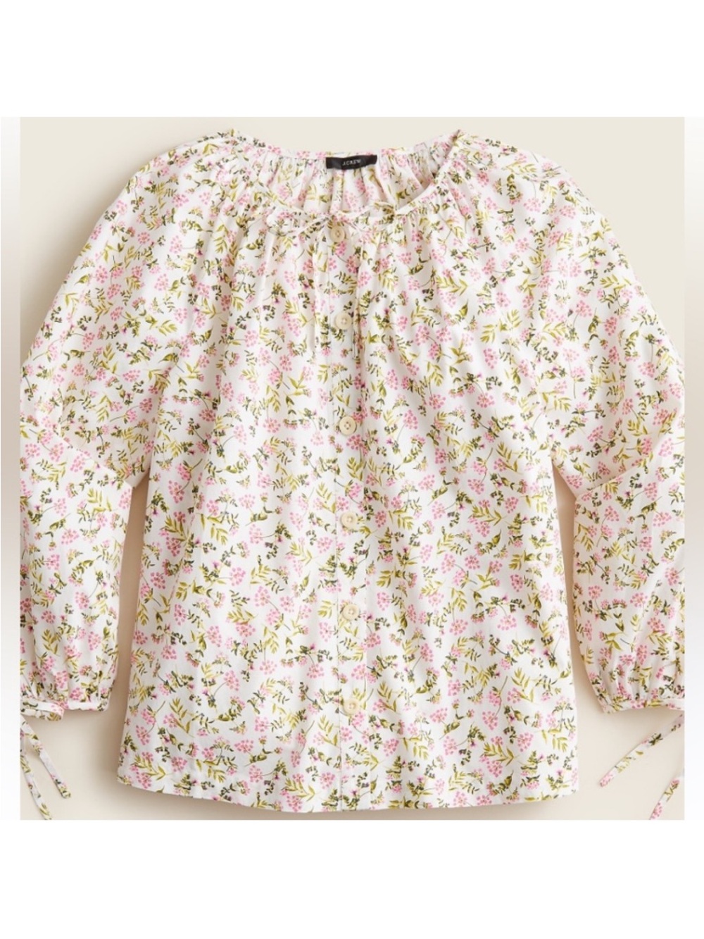 J. Crew Tie-sleeve Button-front Cotton Poplin Top Meadow Floral Pink Cottagecore